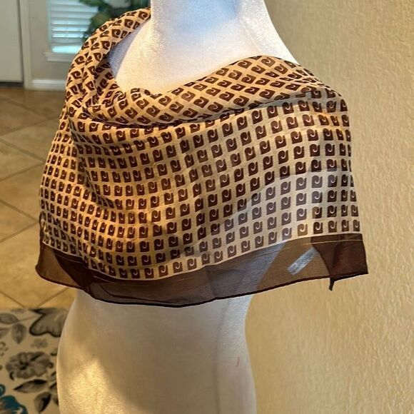 Vintage Pierre Cardin 100% Silk Square Scarf Brown Tan Logo Print Luxury Neutral - Picture 3 of 9